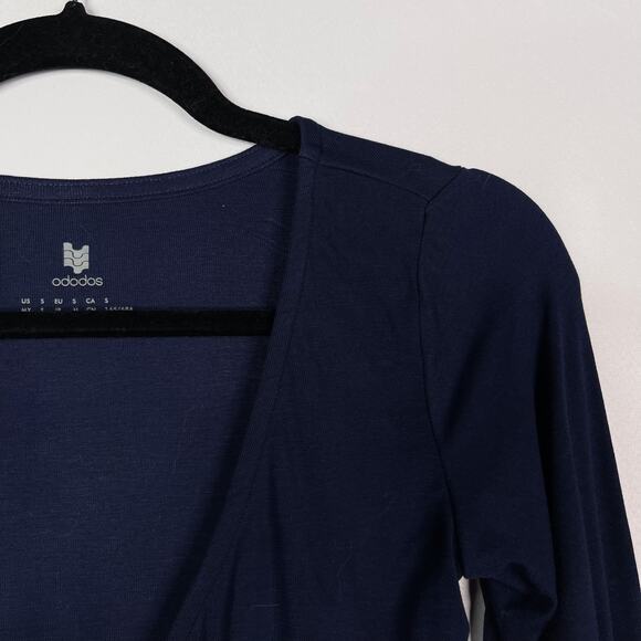 New Ododos Small Navy Blue Cropped Cross Wrap Front Long Sleeve Top Deep V Neck - Picture 5 of 10